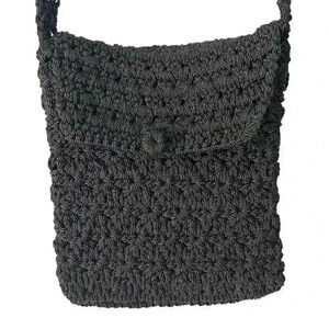Women's Black Crochet Crossbody Handbag with Long Woven Strap